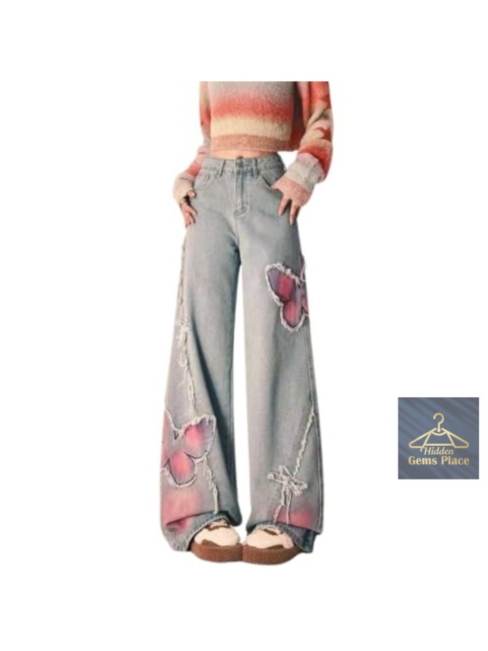 Y2K Women's Baggy Wide Leg Butterfly Patchwork Denim Jeans